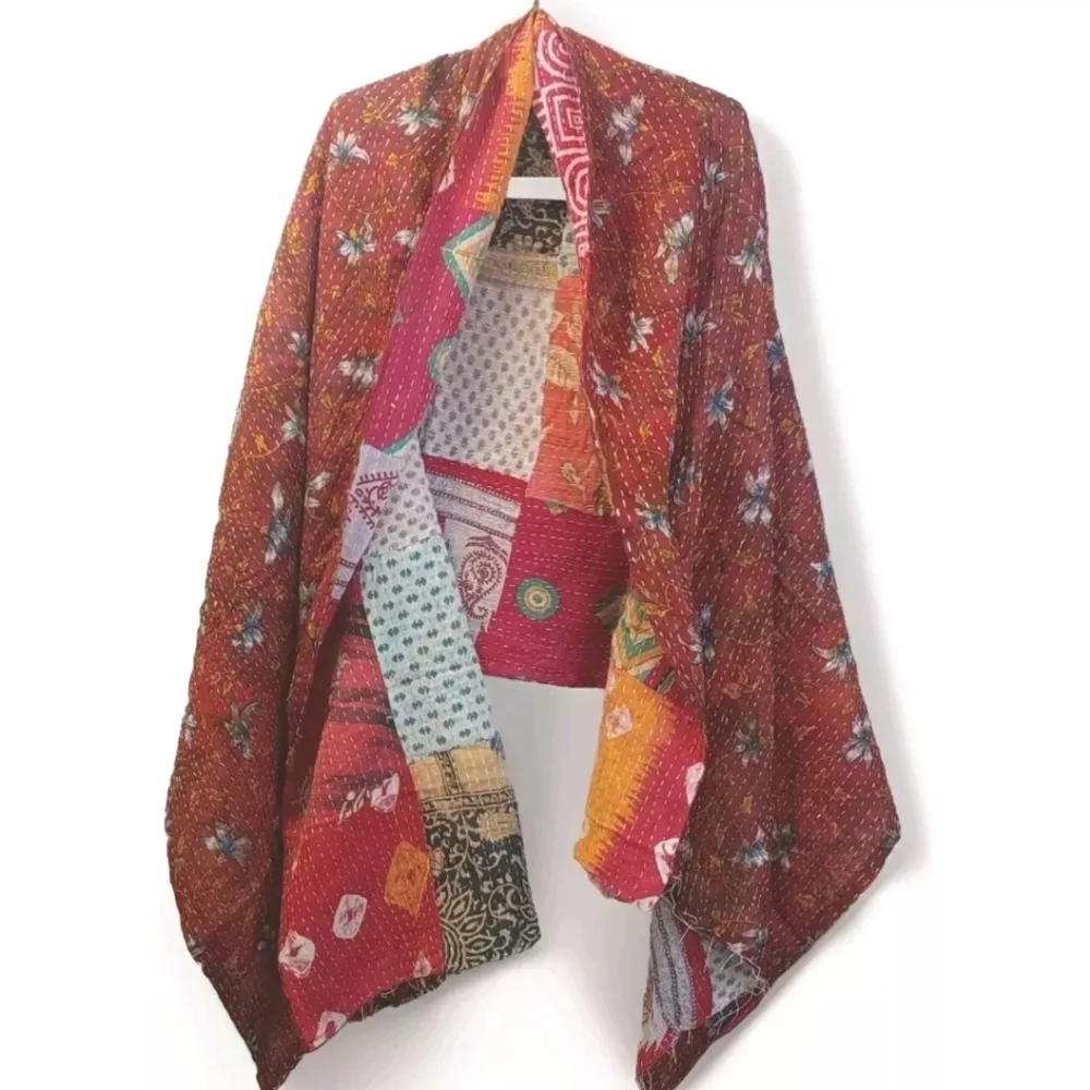 Kantha Fringed Patchwork Reversible Shawl Wrap Scarf Boho Festival Fairy 36